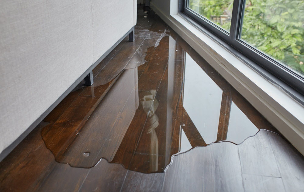 Water on the damaged floor