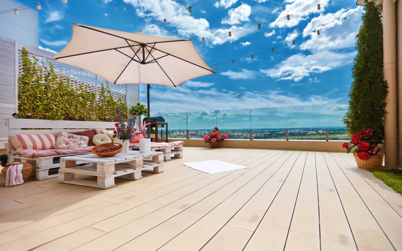 Rooftop patio with pallet furniture lounge